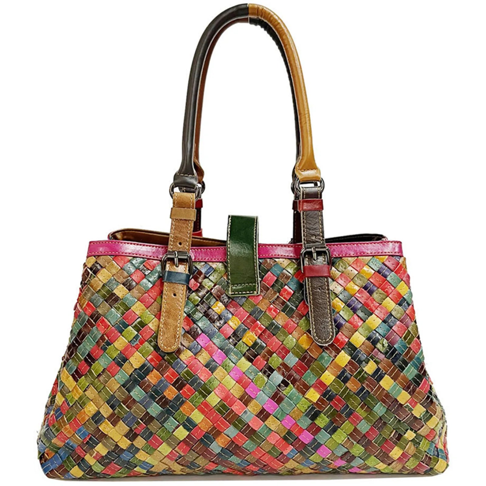 Fashionable Top Grain Genuine Leather Women Shoulder Bags Woven Handbag Contrasting Color Travel Crossbody Hand Messenger Valise