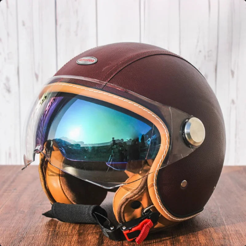 Brown Leather Original DOT ECE 3/4 Open Face Helmet MT Capacete Motorcycle Helmet JET Scooter Bike Half Helmets Cascos Para Moto