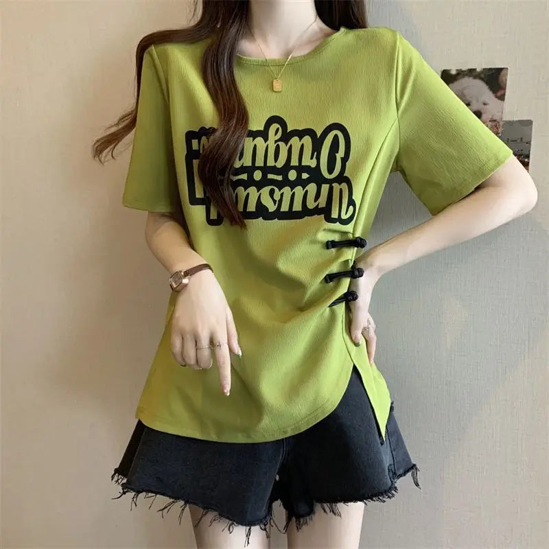 Summer large-size women's clothing is popular, waist and thin irregular buckle design printed short-sleeved T-shirt