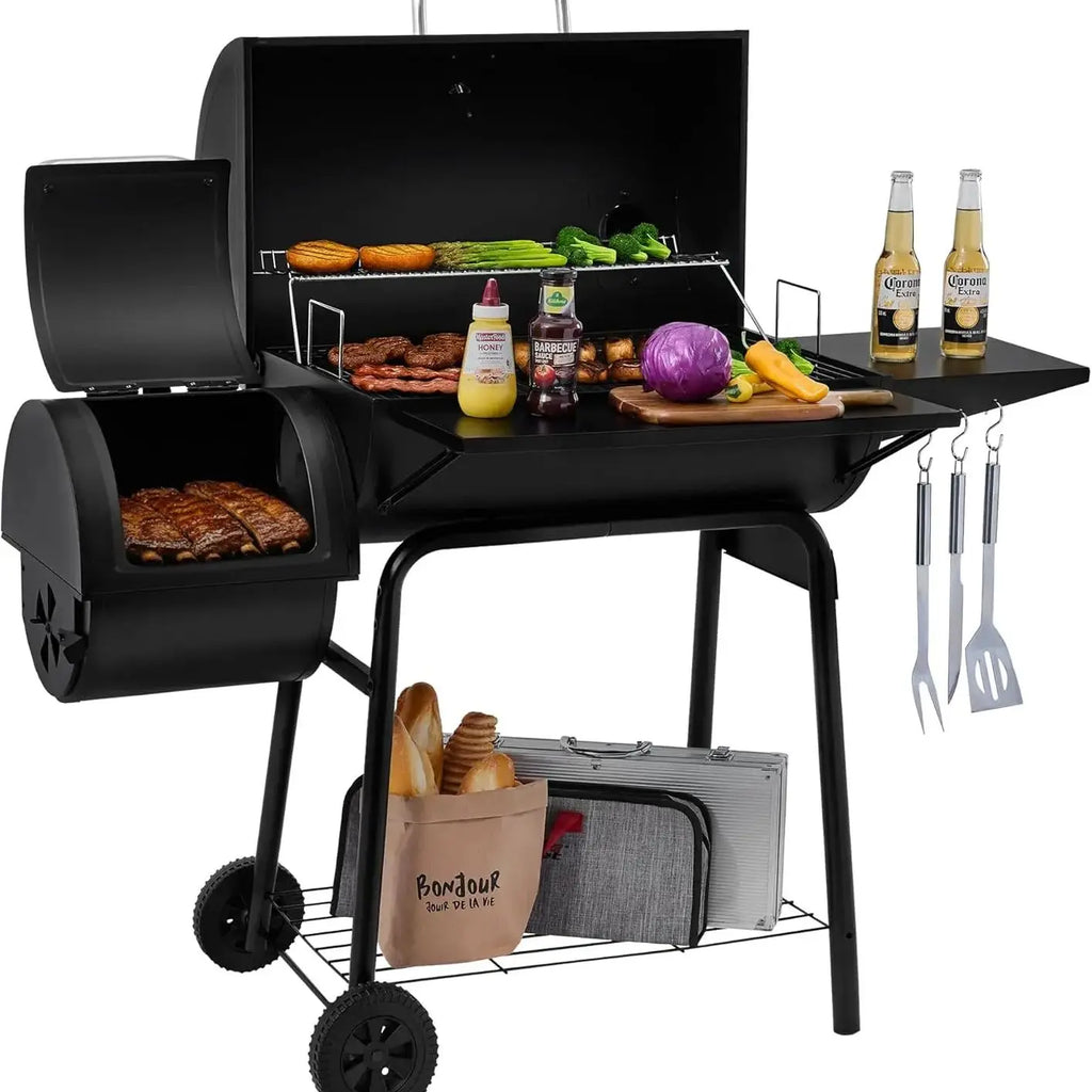 Charcoal Grill Offset Smoker: Charcoal Barbecue Grills with Spacious Cooking Area | Barrel BBQ Grill Smokers Combo for Outdoor