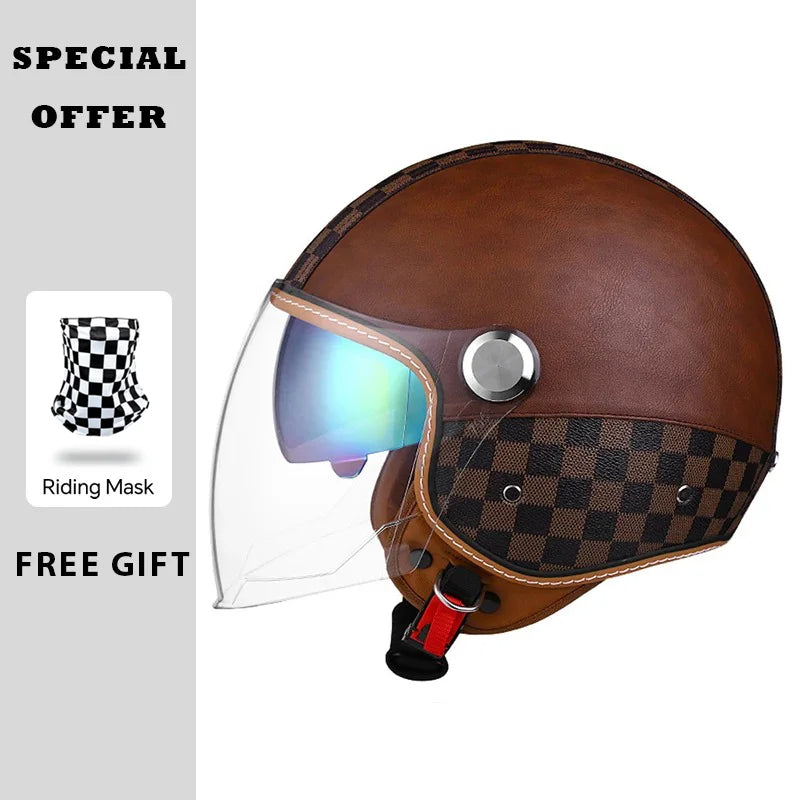 Open Face Helmet Vintage Leather Motorcycle Helmets Double Visor DOT Approved Retro 3/4 Jet Half Helmet with Inner Lens