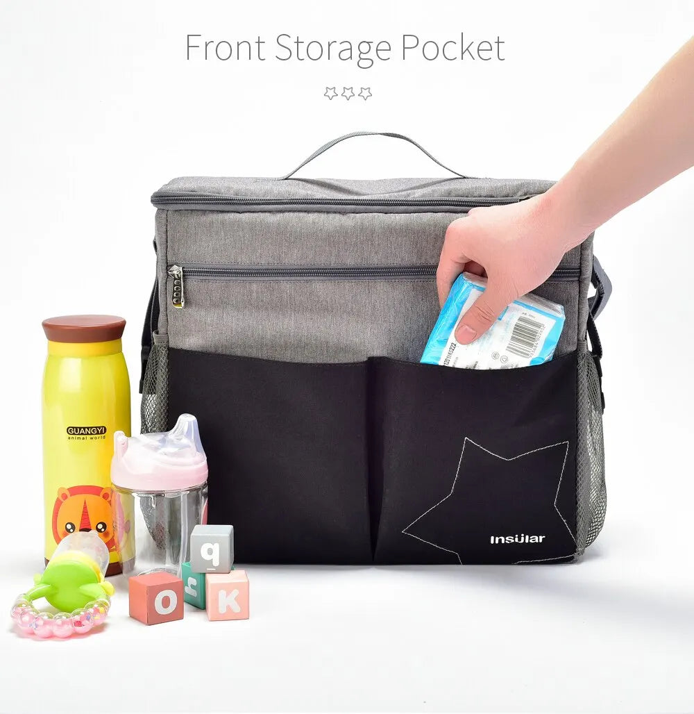 Insular Large Capacity Diaper Bag, Solid Polyester Mommy Bag, Outdoor Travel Nursing Bag with Insulation Design for Stroller