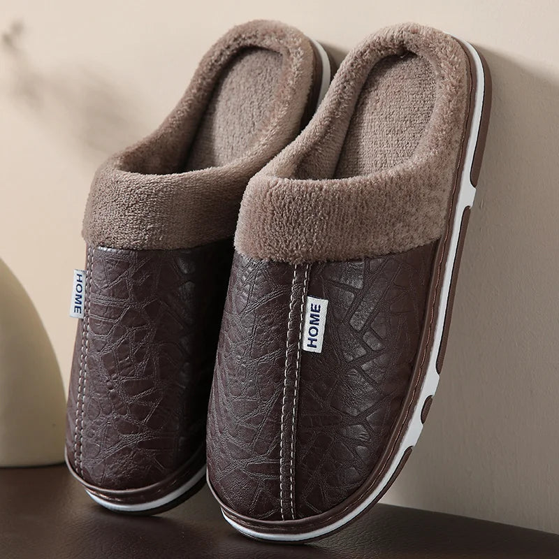 Mens Winter Slippers PU Leather Waterproof Indoor House Shoes Big Size Warm Fur Lined Home Bedroom Slippers