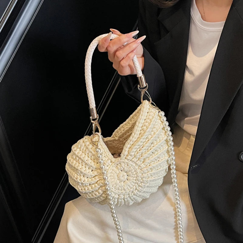 Creative Candy Color Conch Bag For Women Crochet Shoulder Bags Funny Cute Pearls Chains Handmade Weave Crossbody Hobo Shell Bag