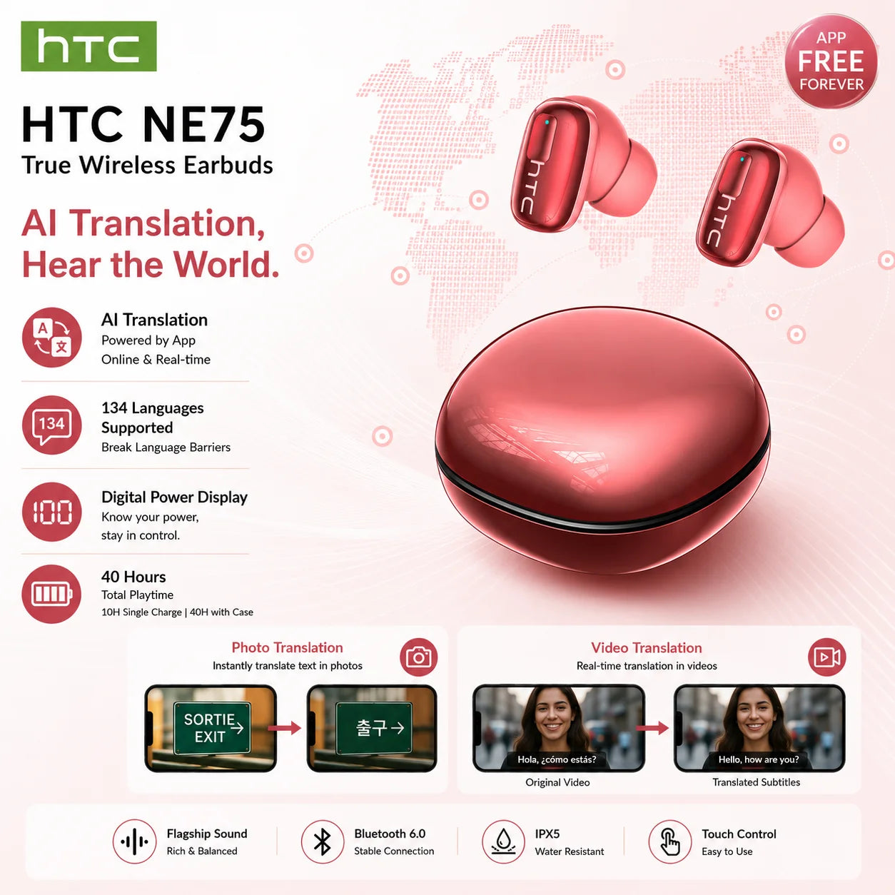 HTC NE75 Wireless Headphones 135 Language AI translator Earbud Low Latency Battery Display Long Battery Soft Bluetooth Earphones
