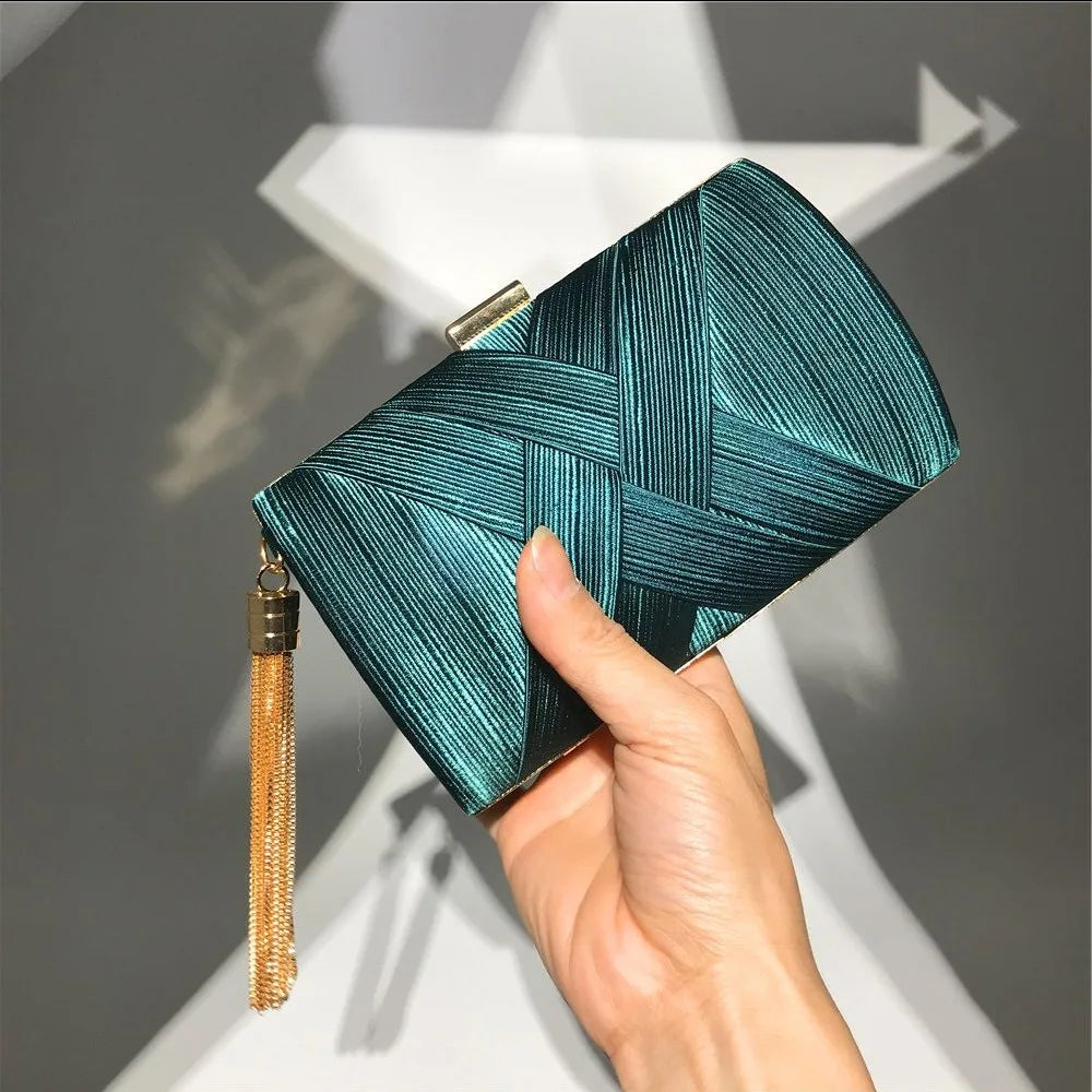 Casual Luxury Silk Fabric Dinner Handbag Tassel Chain Evening Banquet Bag Hand Hold Square Bridal Clutch Bag Wedding