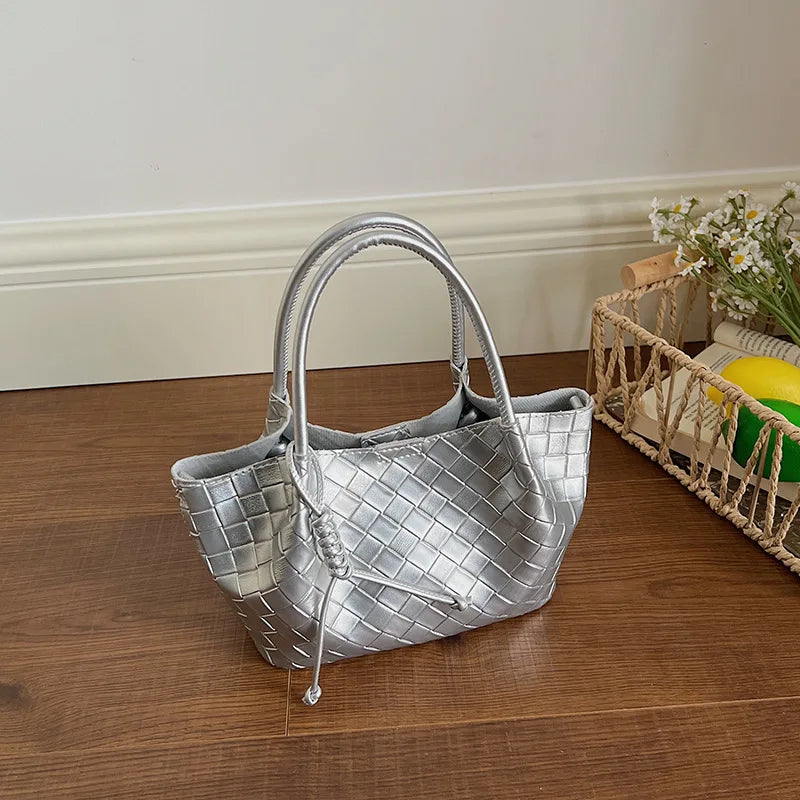Vintage Woven Bucket Bag Fashion Casual Women'S Shoulder Bag Korean Version Commuting Large Capacity Handbag Pu Crossbody Bag