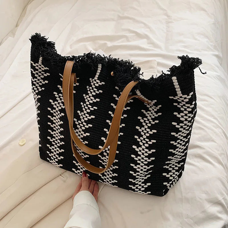 Women's 2026 New Tassel Knitted Canvas Handbag Versatile Multi in One Commuter Shoulder Bag Retro Lazy Style Casual Tote Bag