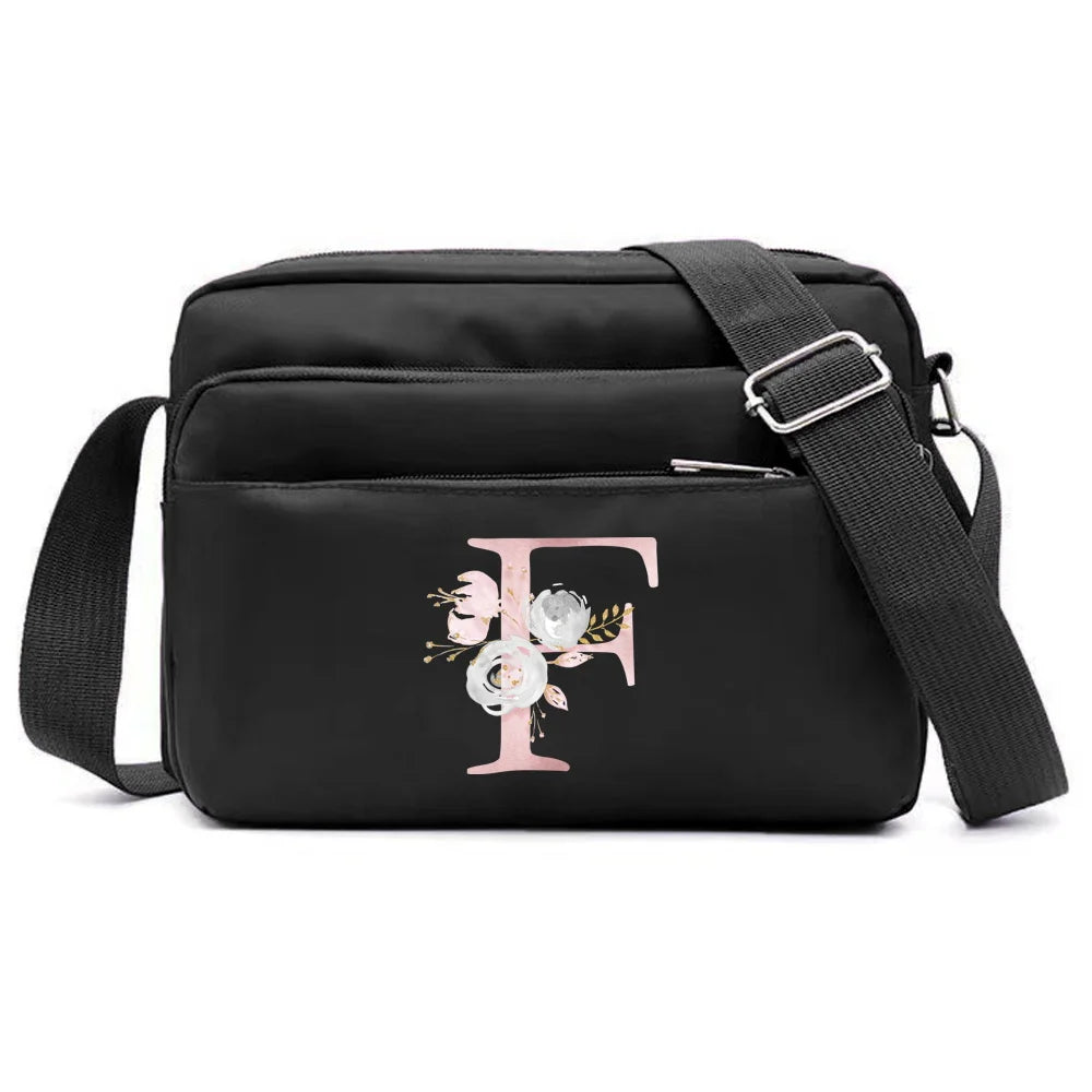 New Simple Black Storage Bag Multi-layer Travel Leisure One Shoulder Crossbody Bag Pink Flower Letter Series Printing Pattern