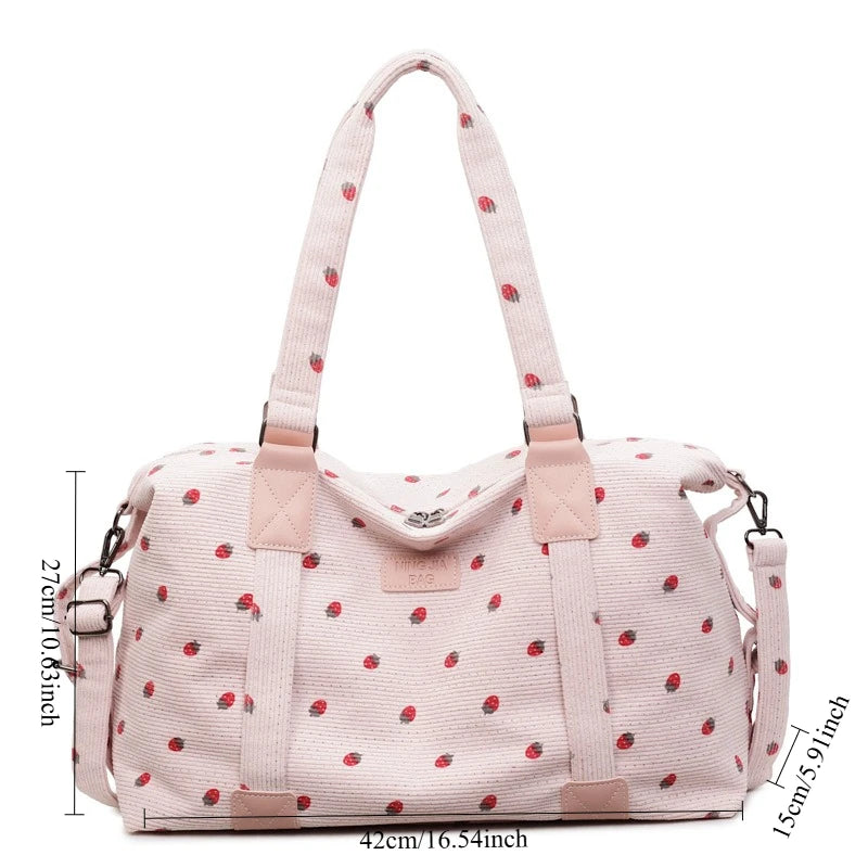 Corduroy Travel Tote Bag Large Capacity Strawberry Travel Handbag with Shoe Compartment Sports Fitness Bag for Women Droshipping