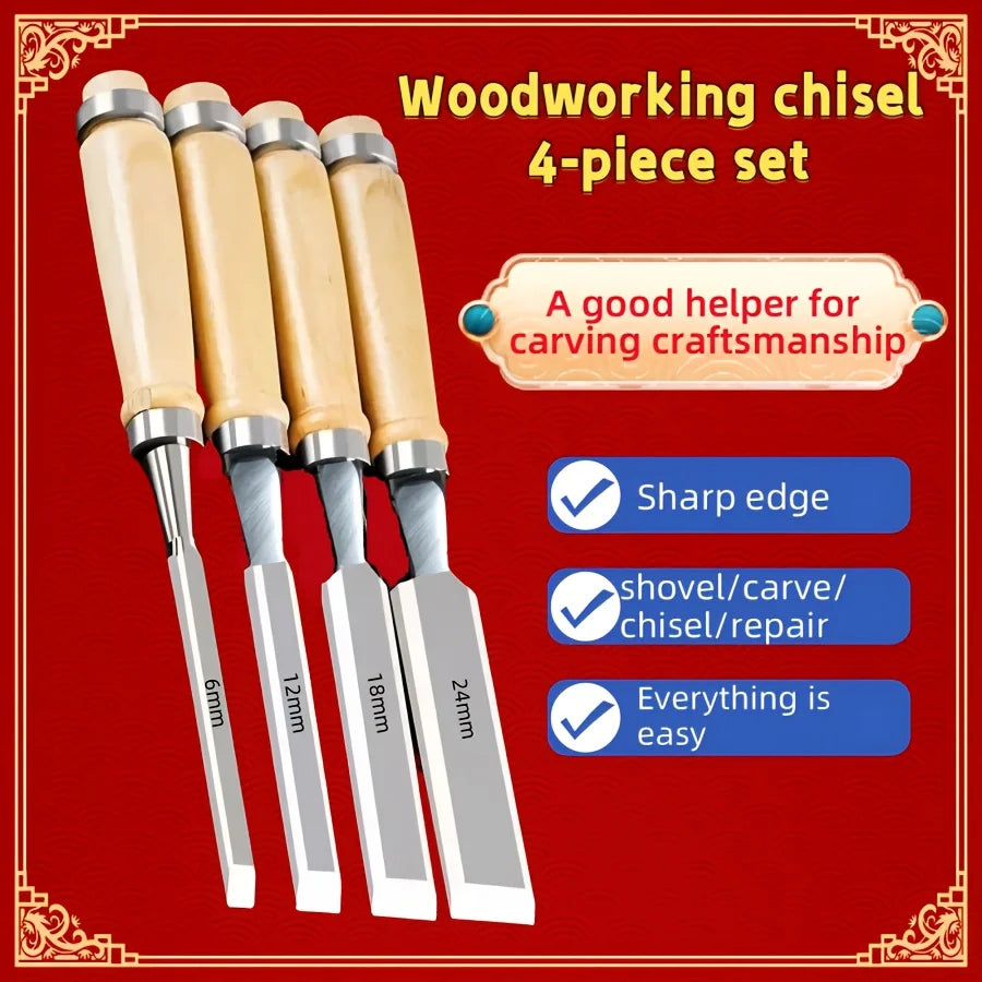 4pcs Professional Woodworking Chisel Set - 6-24mm Beveled Blades, Chrome Vanadium Steel, Solid Wood Handle