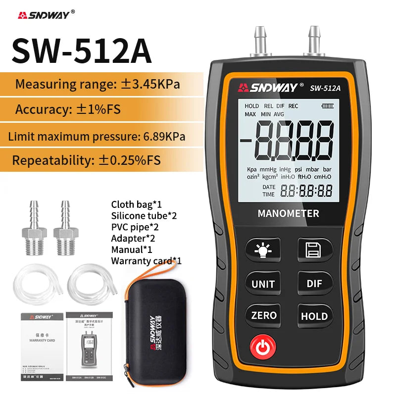 SNDWAY SW-512 Digital Pressure Gauge Differential Gas Pressure Gauge Measuring Instruments, Barometric Gauges/SW-512B/SW-512C