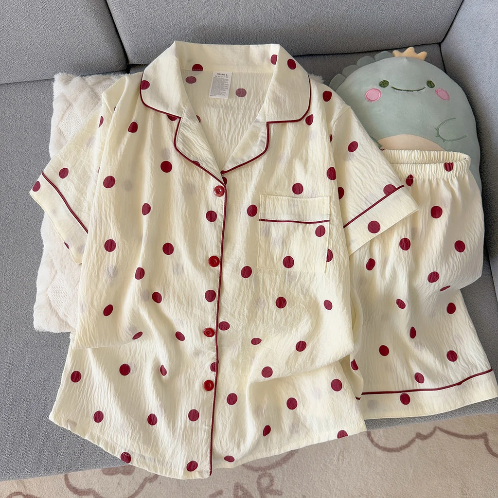 Women's Summer Pajamas, Thin Polka Dot Pattern Short-Sleeved Shorts, Sweet and Cute, Can Be Worn Outside in Summer, Two-Piece Home Wear Set
