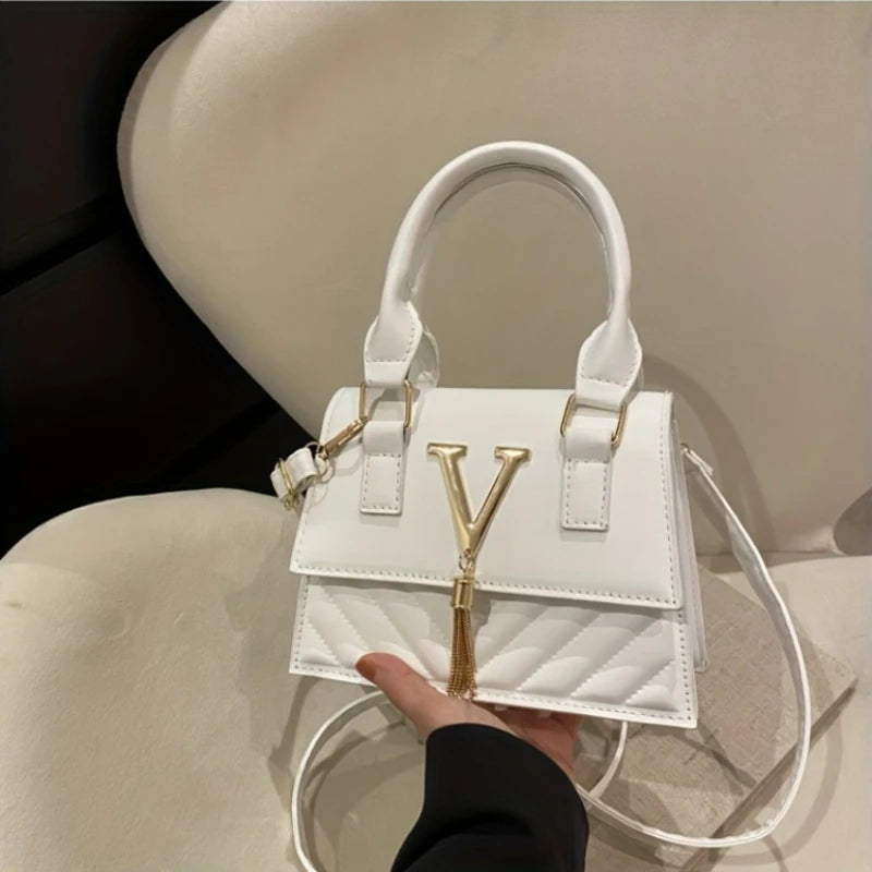 Fashion Quilted Top-Handle Bag, Gold V-Shape Tassel Hardware Satchel with Detachable Strap, Elegant Crossbody Purse for Women