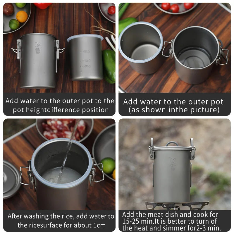 Keith Titanium Rice Cooker Outdoor Camping Cooking Light Weight Cookeware TI6300 Multifunctional  Pot 900ml for  Backpacking