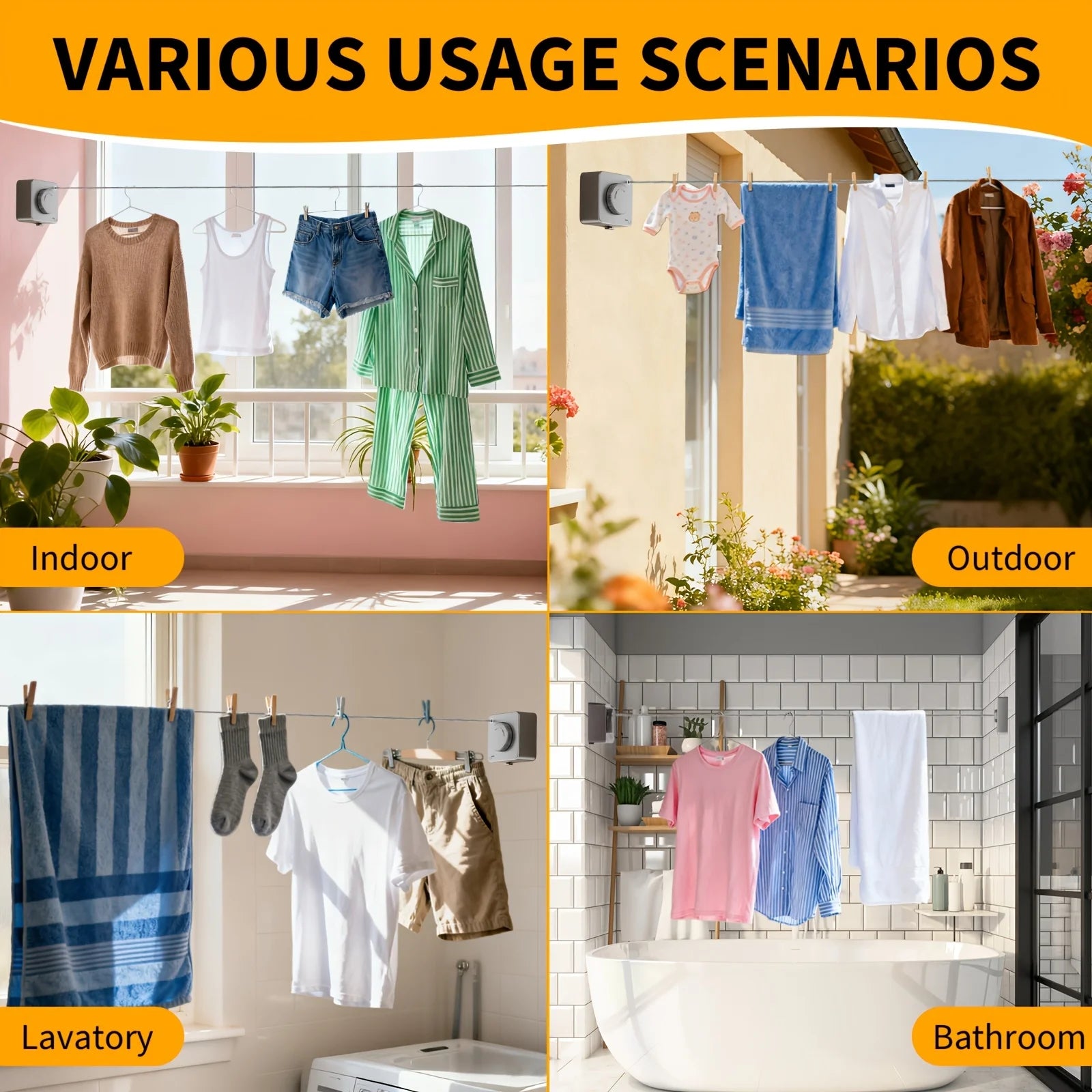 Retractable Invisible Clothesline 165.35in No Drill Wall Mount Thick Stainless Steel for Indoor Balcony Bathroom Outdoor Drying