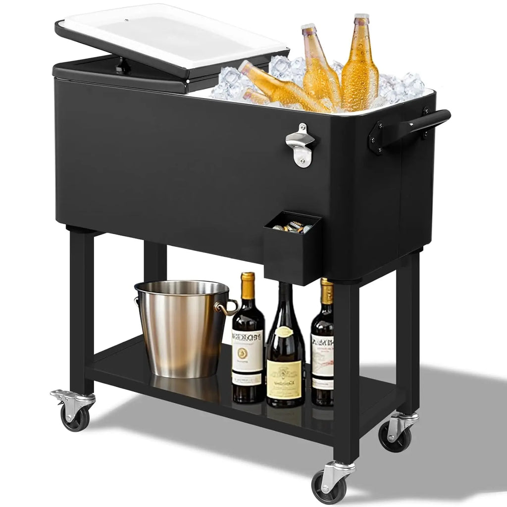 80 Quart Rolling Ice Chest,Portable Bar Drink Cooler,Catch Basin,Bottom Storage Tray & Bottle Opener, Custom
