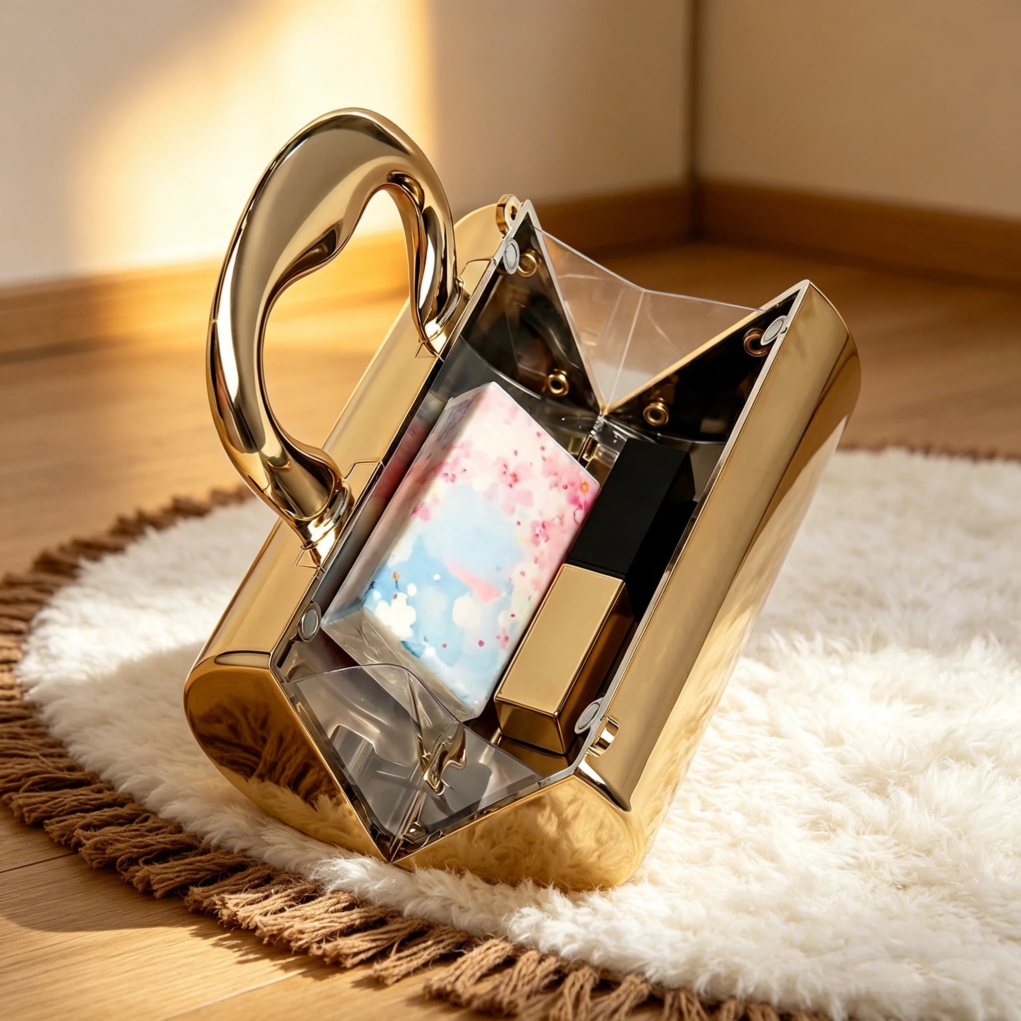 Stylish designer mini acrylic gold cylindrical clutchsparkly party/eveningbag for ladies luxurious womens shoulder/crossbody