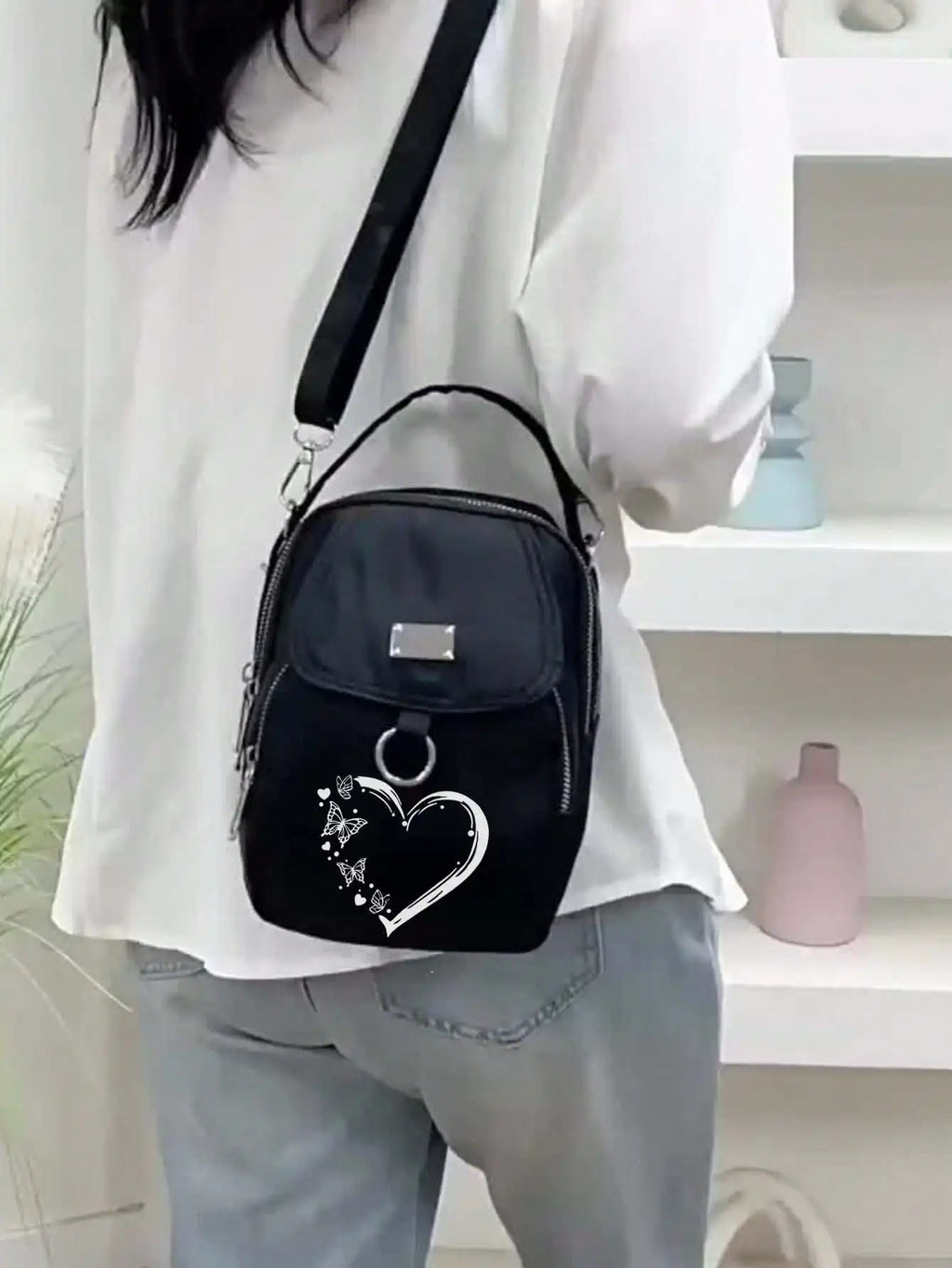 1pc Women's Nylon Shoulder Bag Heart Butterfly Pattern Casual Mini Crossbody Bag Adjustable Multi-Layer Solid Color Hand Bag
