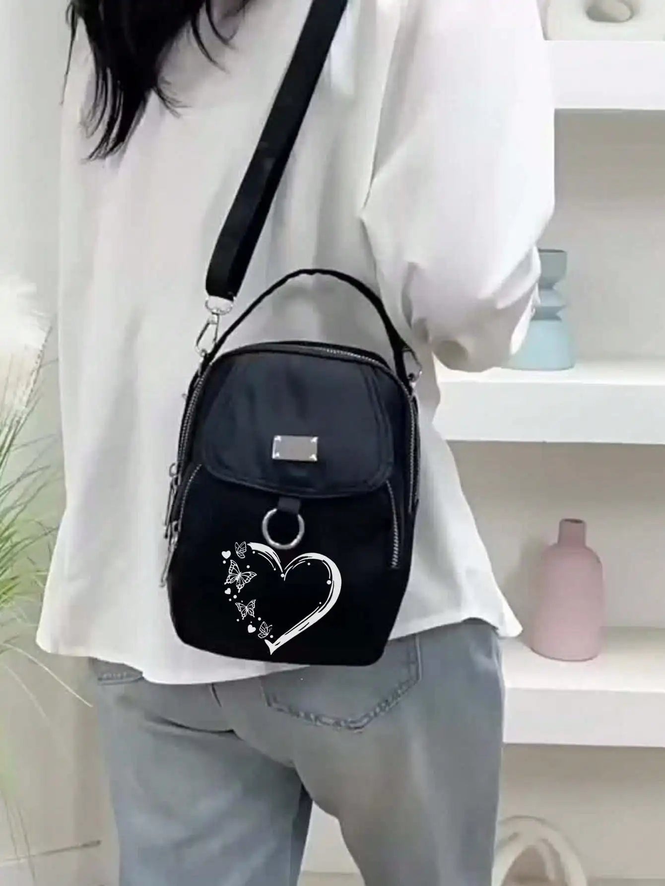 1pc Women's Nylon Shoulder Bag Heart Butterfly Pattern Casual Mini Crossbody Bag Adjustable Multi-Layer Solid Color Hand Bag