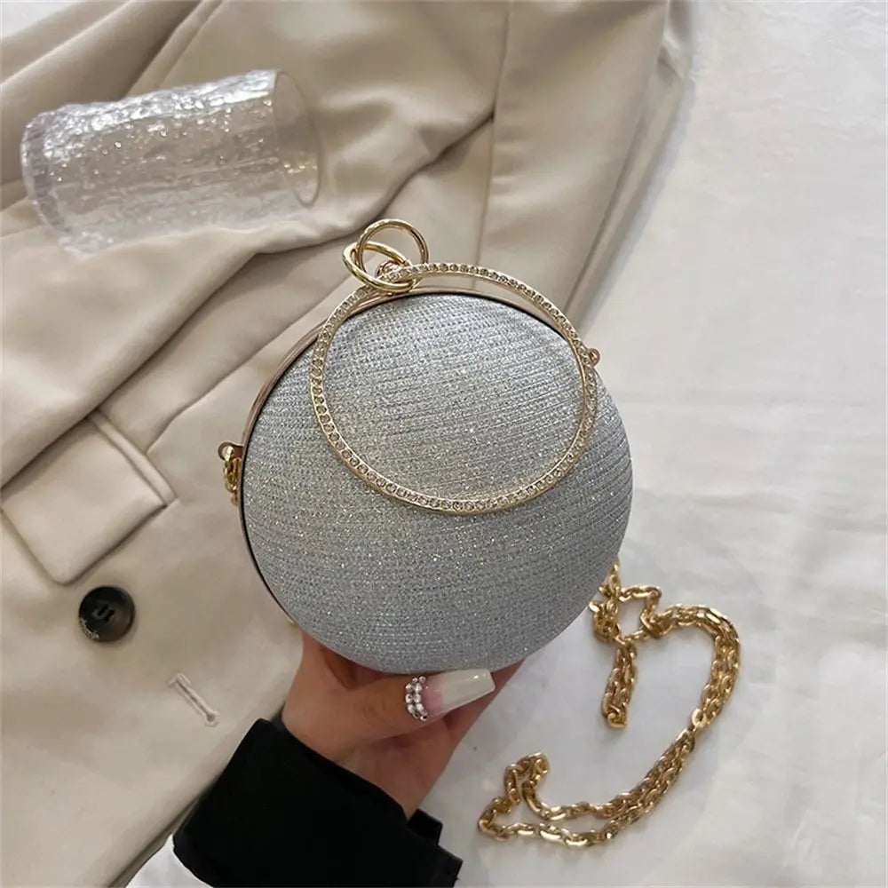 Luxury Circular Evening Bag Gold Bright Silk Rhinestone Decorative Chain Banquet Clutch Handbags Women Female