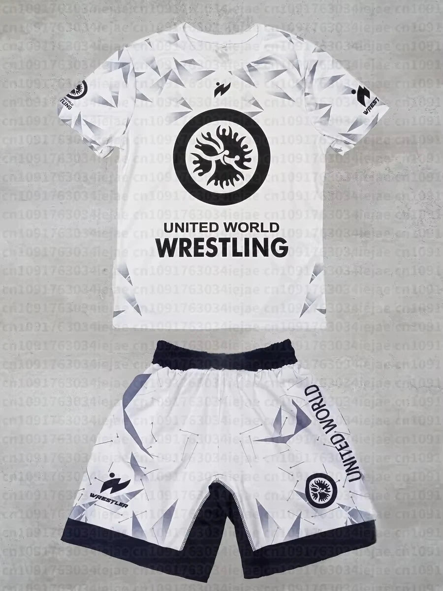 2026 New Summer Men Kid United World Wrestling Sportswear Set Short Sleeve T Shirt and Shorts for MMA Training Lightweight