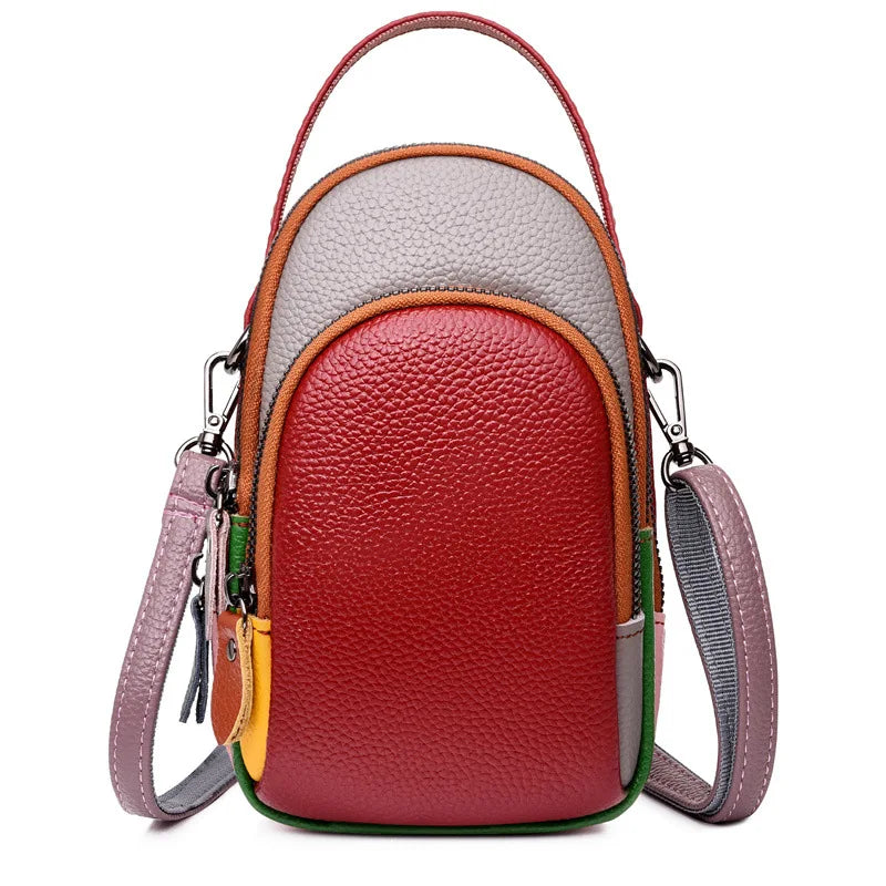 Leather mobile phone storage, hand-held crossbody bag with top layer cowhide color contrast, large capacity single-shoulder bag