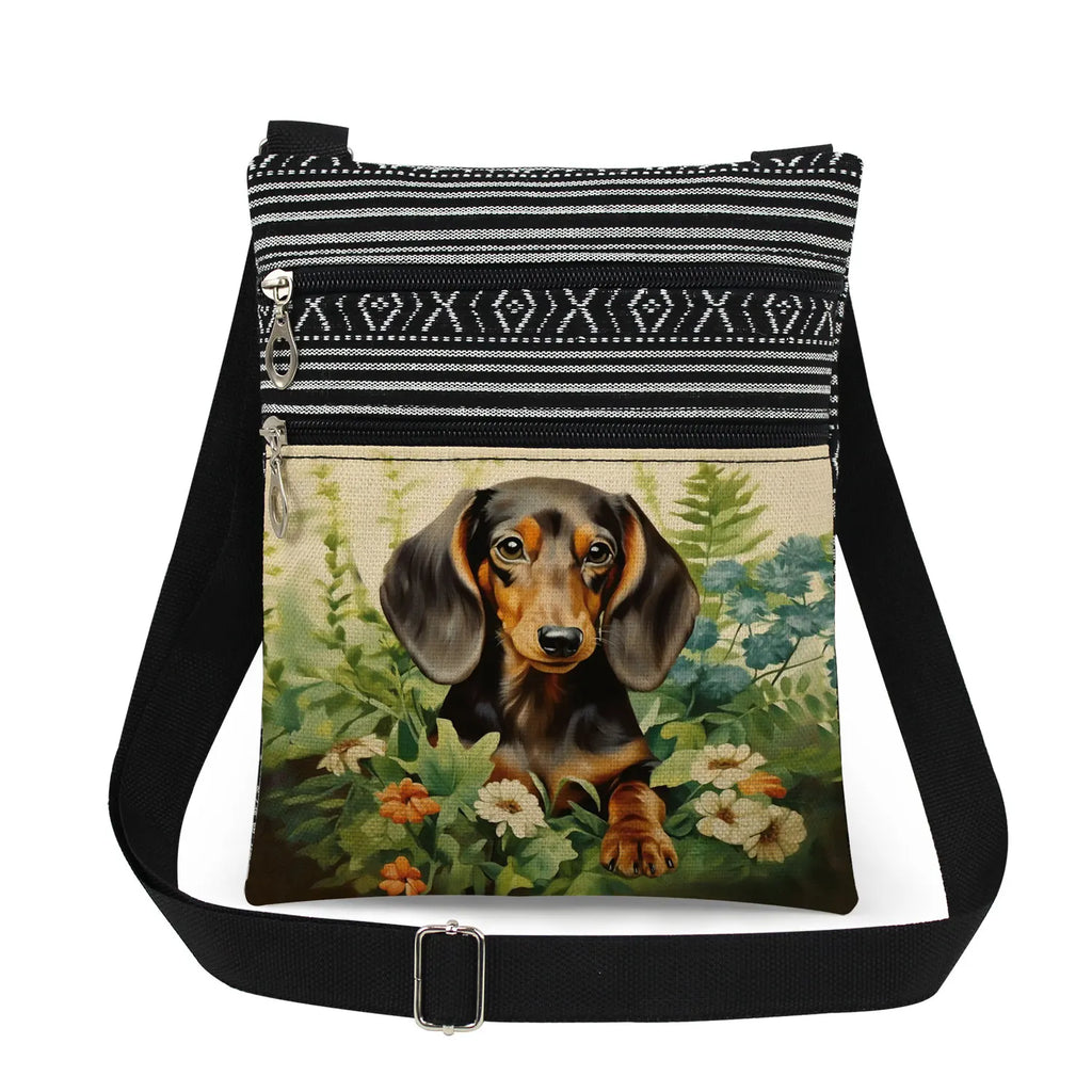 Cute Dachshund Print Crossbody Bag Female Floral Animal Shoulder Bags Fashion Outdoor Portable Double Zipper Lady Messenger Bag