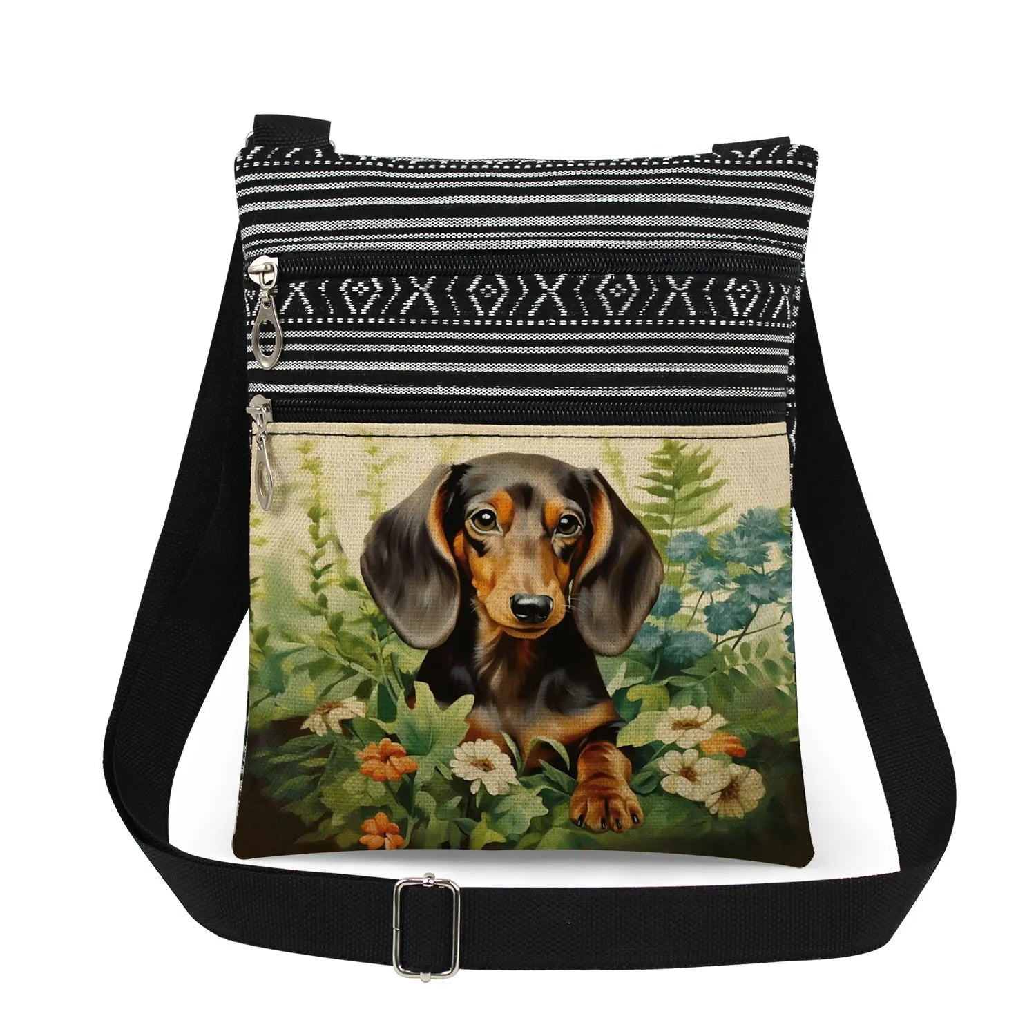 Cute Dachshund Print Crossbody Bag Female Floral Animal Shoulder Bags Fashion Outdoor Portable Double Zipper Lady Messenger Bag