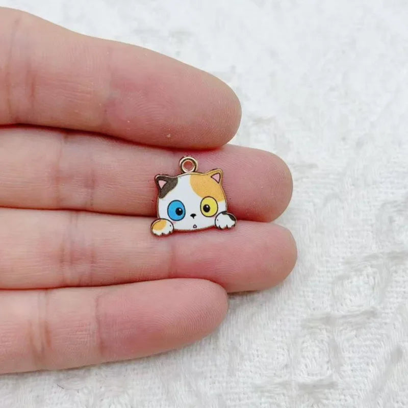 10pcs Cute Cat Printed Cartoon DIY Alloy Drip Oil Accessories Keychain Pendant Necklace Pendant Decoration