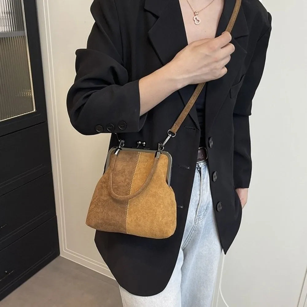 Large Capacity Retro Frosted Handbag PU Short Handle Leather Crossbody Bag Clip Closure Kiss Lock Clutch Shoulder Bag Shopping