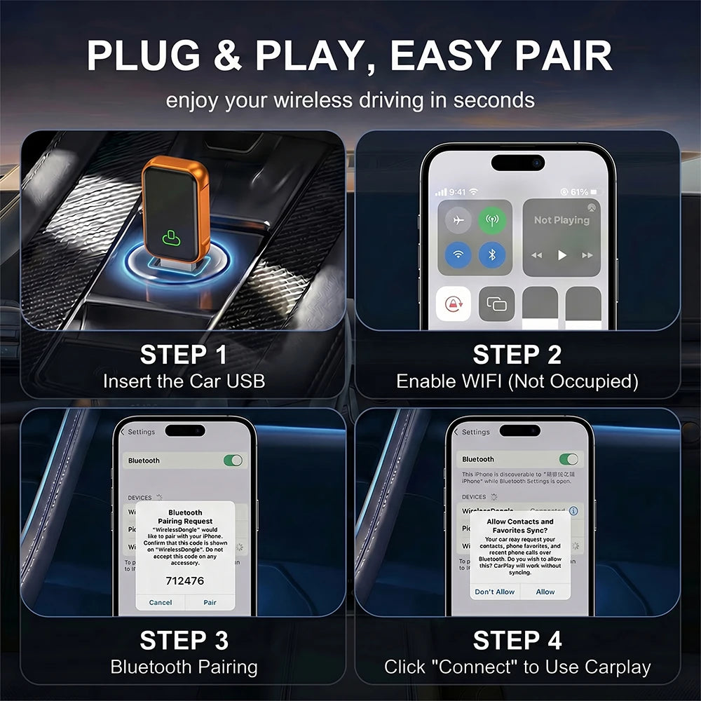TrolinkTek 4 IN 1 Wireless CarPlay Dongle, Support Wireless Android Auto, AirPlay & MirrorLink, Wired to Wireless USB Adapter Plug and Play, Auto Reconnect Low Latency For Cars with Factory Wired CarPlay