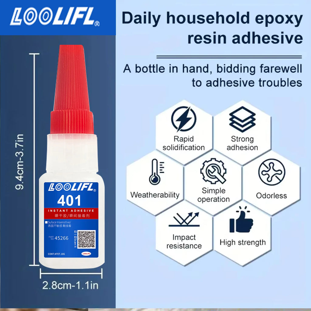 6PCS 401 Super Glue Instant Quick-drying Cyanoacrylate Adhesive Leather Rubber Glass Wood Metal Strong Bond Liquid Glue Tool 10g