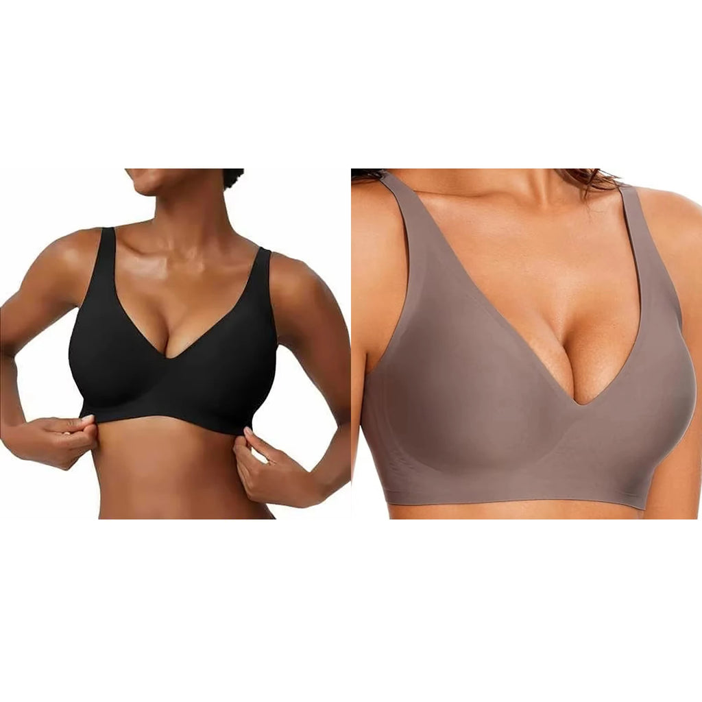 Women's Seamless Pink Leopard Print Bra Wire-Free Bra Full Cup Soft Thin Mold Support Breathable and Beauty Deep V Plus Up Bra
