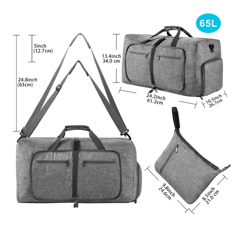 Fmeida 65L Duffle Bag with Shoes Compartment, Foldable Travel Duffel Bags for Men Women, Large Packable Travel Bag Water Repellent & Tear Resistant