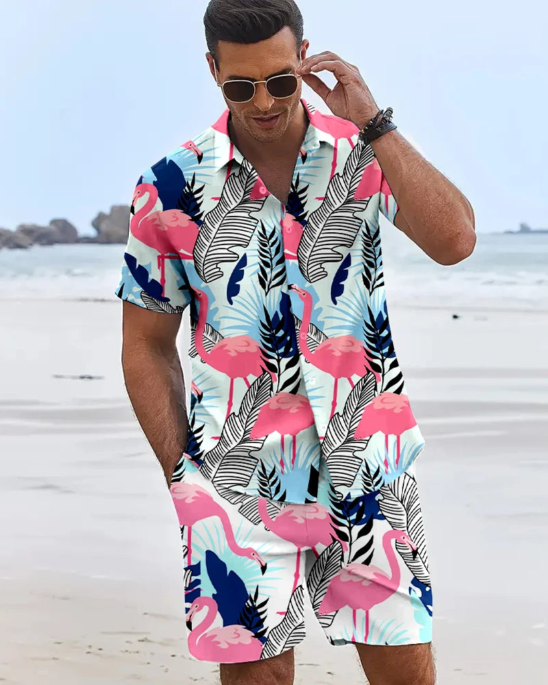 Funny 3D Flamingo Printed Men's Shirts Hawaiian Beach Vacation Short Sleeve Shorts 2 Piece Summer Hip Hop Trend Fashion Men Sets