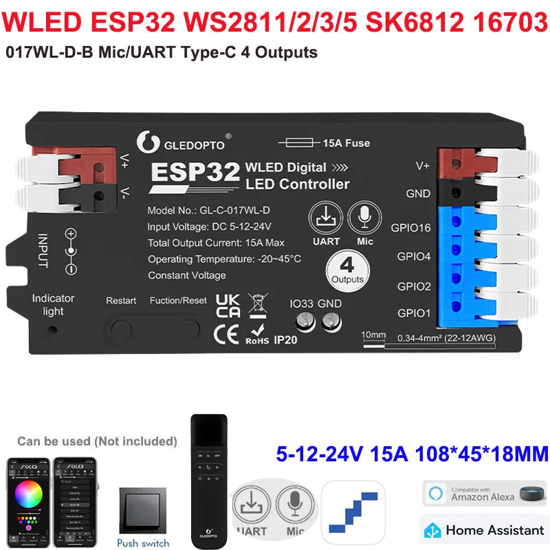5GLEDOPTO ESP32 PWM WLED Dynamic LED Controller 5 in 1 DC12-24V WIFI App Control for RGBCCT RGBW RGB CCT DM WS2811/2B/3/5 Strip