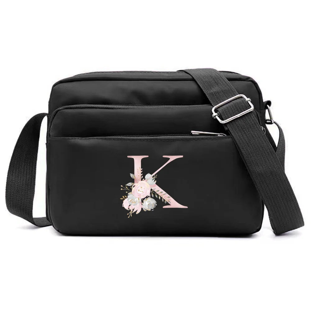 New Simple Black Storage Bag Multi-layer Travel Leisure One Shoulder Crossbody Bag Pink Flower Letter Series Printing Pattern