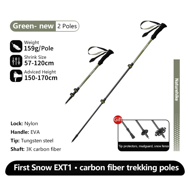Naturehike Walking Stick First Snow EXT1 Carbon Fiber Hiking Poles 3 Section Ultra-light Telescopic Outdoor Climbing Hiking Cane