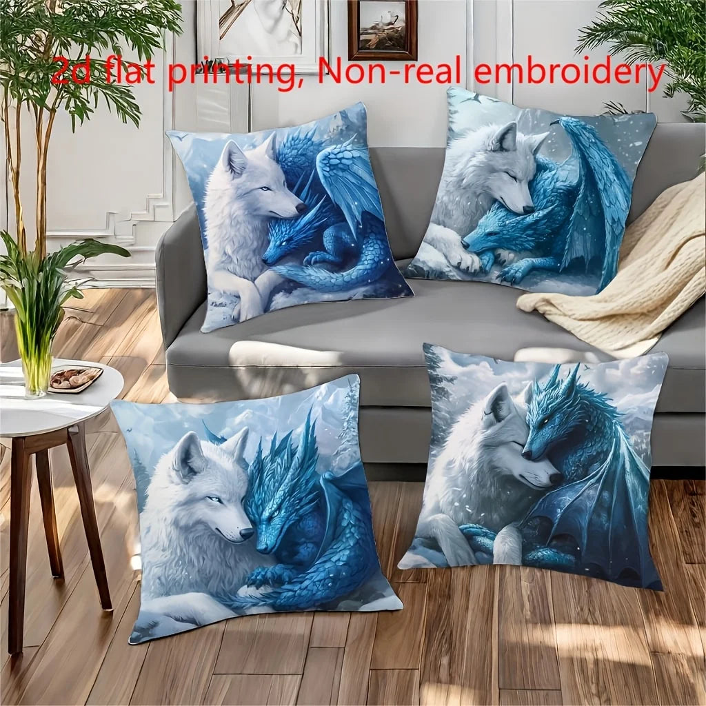 4 pillowcases featuring a design of a white wolf and a blue ice dragon. Comfortable and stylish, decorating your home sofa.