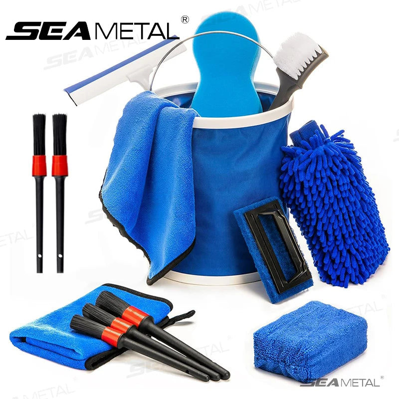 SEAMETAL 13pcs Car Washing Tool Kit Cleaning Brush/Drying Towel/Glove/Foam Sponge/Foldable Bucket Car Wash Care Maintenance Set