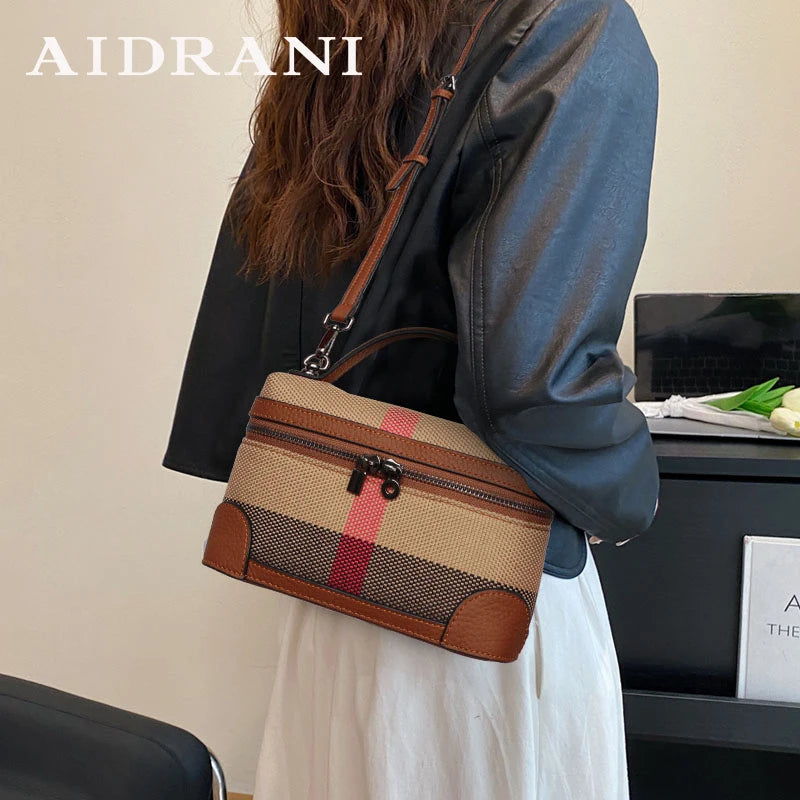 Aidrani  New women's shoulder crossbody mini bag, plaid small square bag, made of canvas and cowhide material
