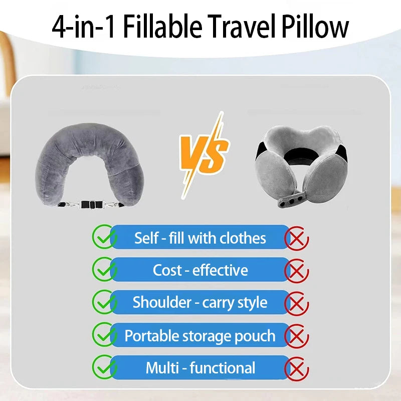 Travel Pillow Neck Support Portable Fillable Neck Pillow Space-saving Neck Travel Cushion Flight Travel Accessories