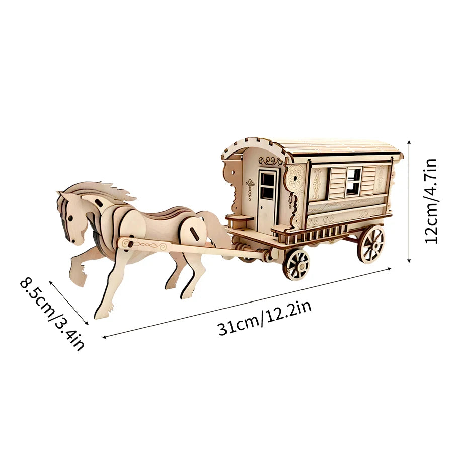 OUZEY DIY Wooden Blocks Antique Horse Carriage Wooden Model, 3D Fairytale Puzzle Kit, Romantic Collectible Gift for Adults