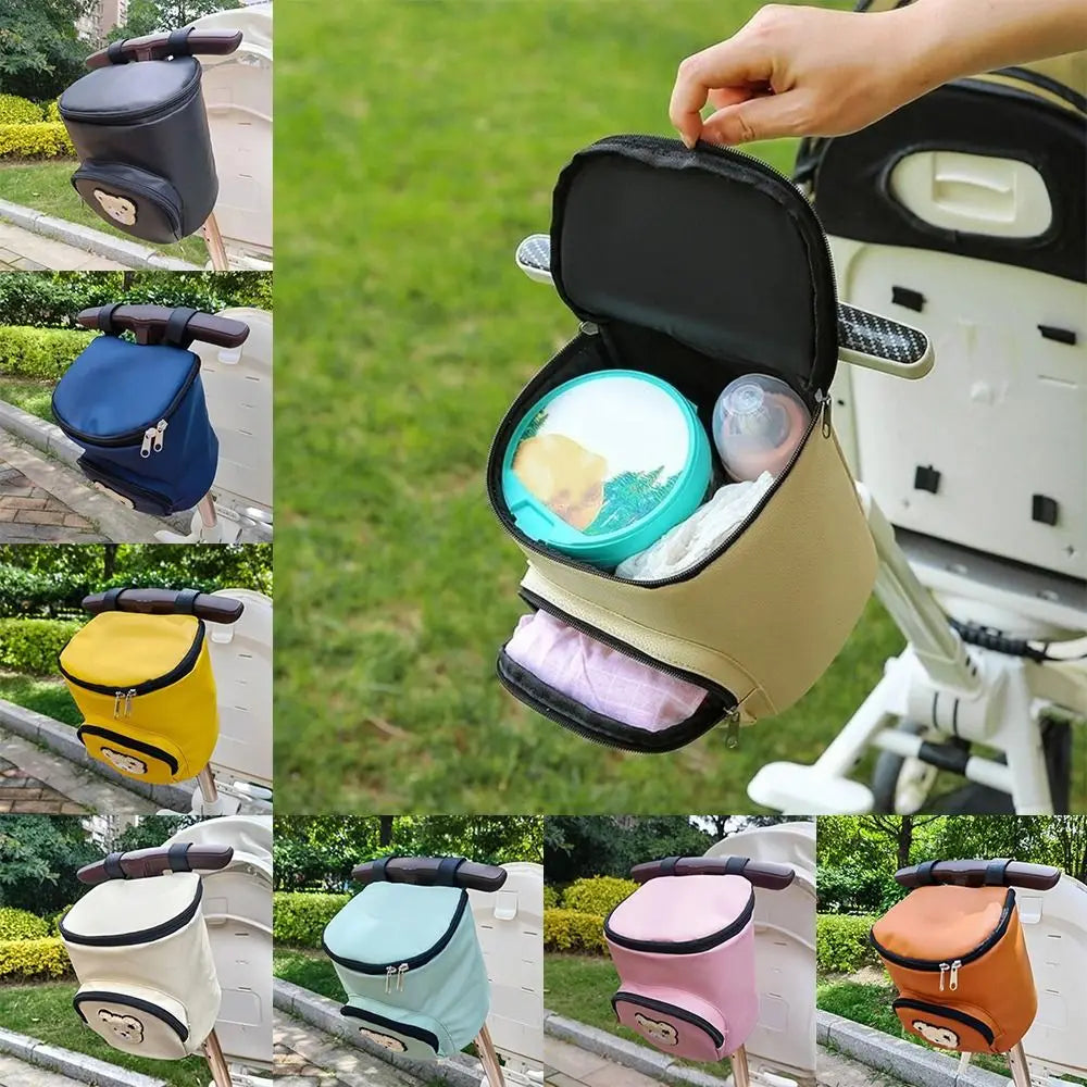 Cute Waterproof Baby Stroller Hanging Bag PU Leather Cartoon Bear Umbrella Cart Bags Large Capacity Mommy Storage Bag