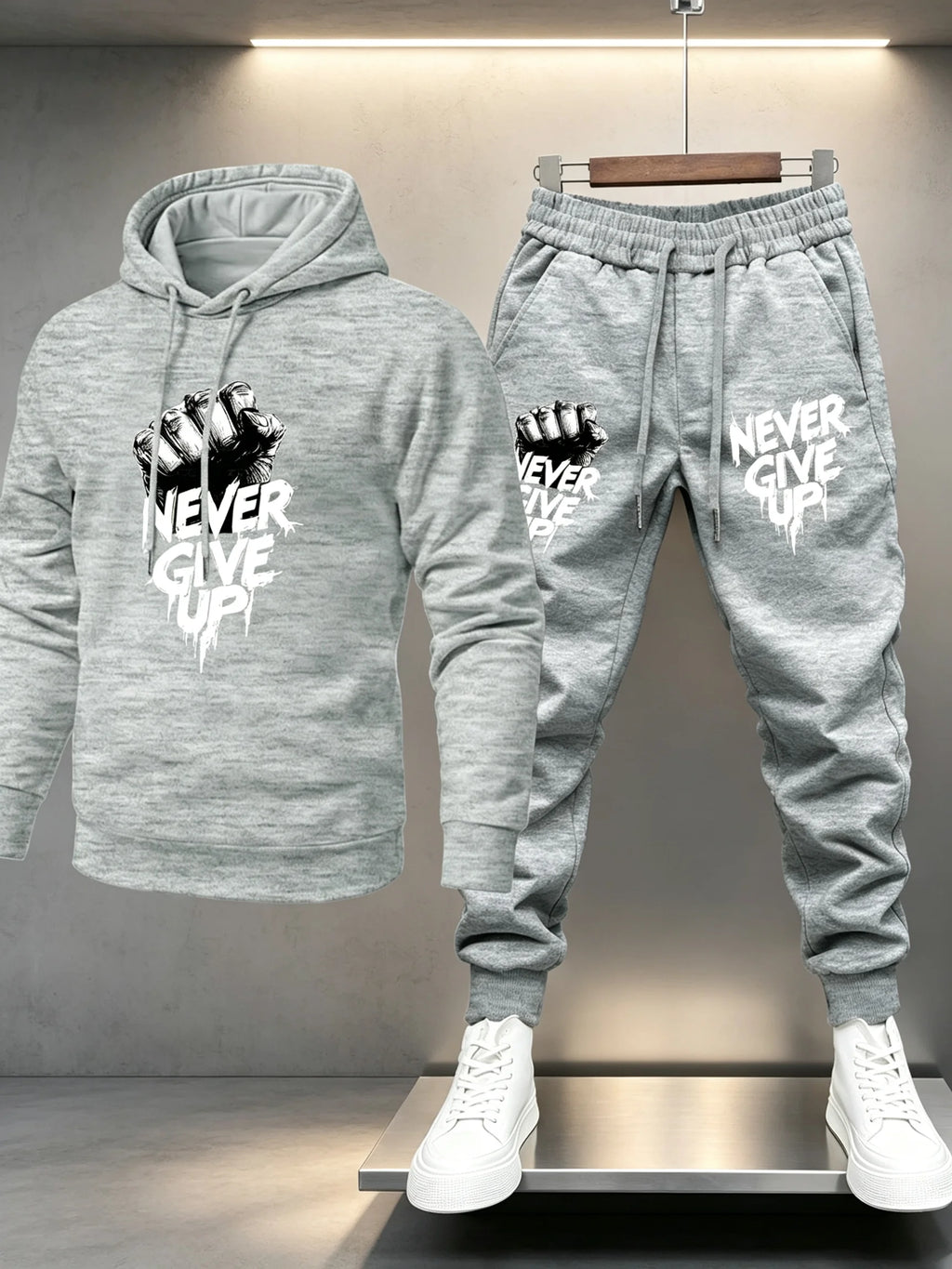 Men’s Motivational Slogan Two-Piece Tracksuit Fist Graphic Never Give Up Print Hooded Sweatshirt Jogger Pants Set Outfit