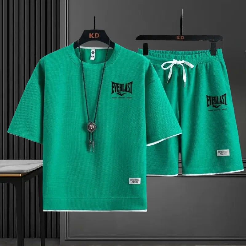 EVERLAST New Summer Men's Daily Casual Breathable Comfortable Loose Sports Set Fashion Brand Men's Waffle Top+Shorts 2-piece Set