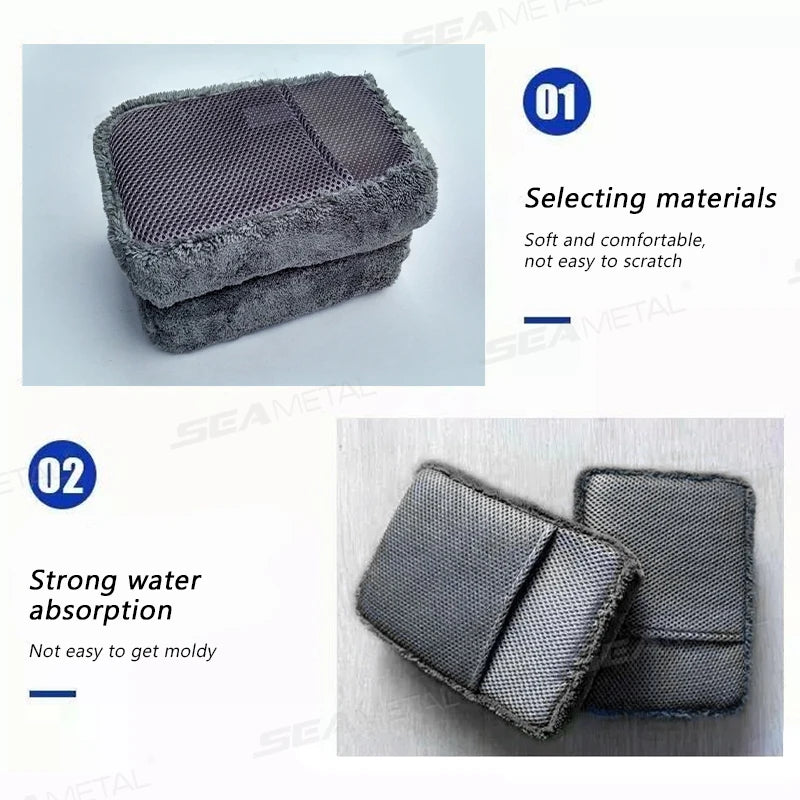 SEAMETAL Double Side Microfiber Mesh Scrubbing Sponge Strong Water Absorption Car Cleaning Sponge Block Auto Detailing Tools