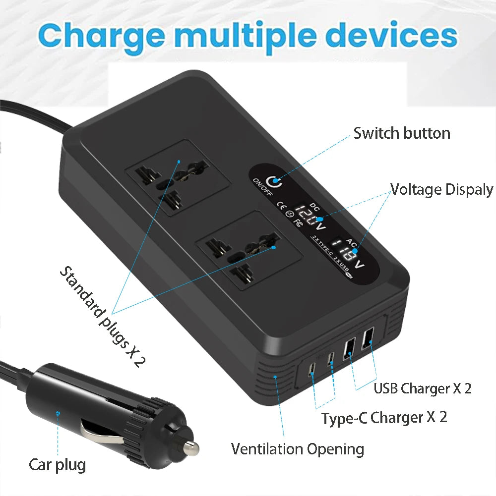 Car Inverter 200W DC 12V to AC 220V 230V Car Inverter Converter Auto Power Adapter USB Type C EU Universal Socket Power Adapter