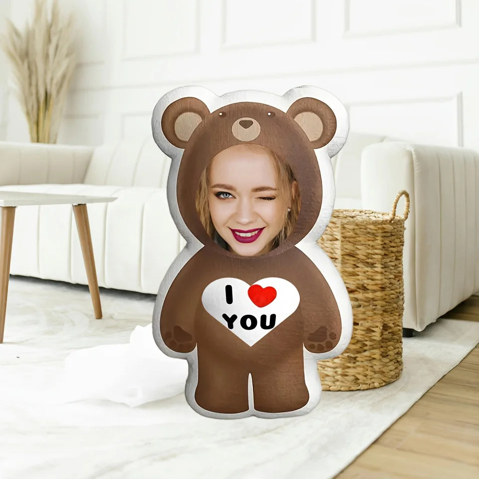 Customized Photo Bear Pillow Personalized 'I Love You' Facial Plush Ideal Gift for Loved Ones. Soft and Comfortable Short Plush